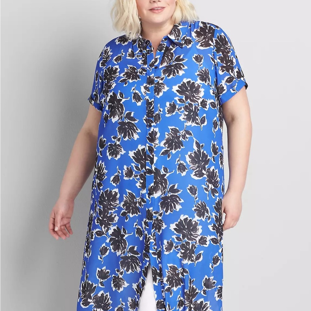 Lane Bryant Women Plus Size 38/40 Button Down Shirt Maxi Over Piece Blue Floral